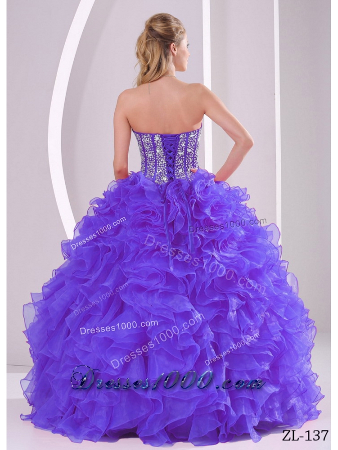 Purple Ball Gown Sweetheart Beaded Decorate Sweet 15 Dresses with Ruffles