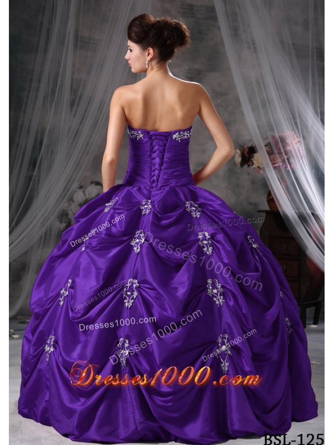 Purple Strapless Quinceaneras Dress with Pick-ups and Appliques