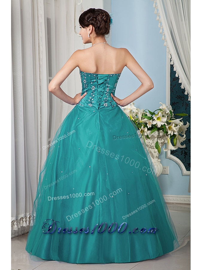 Turquoise A-line / Princess Strapsless Floor-length Tulle Quinceanera Dress
