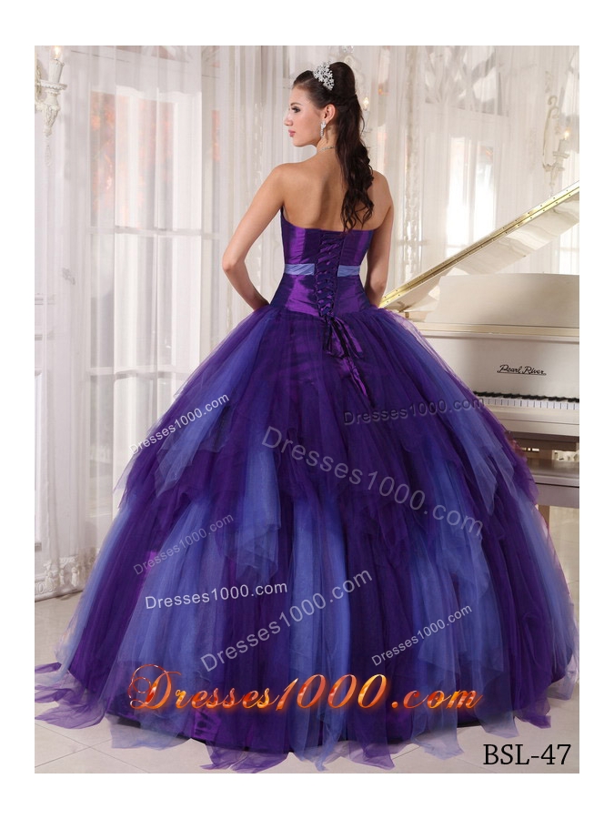 Ball Gown Strapless Tulle Purple Quinceneara Dresses with Beading