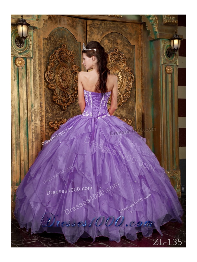 Gorgeous Princess Strapless Appliques Sweet 15 Dresses with Organza Ruffles