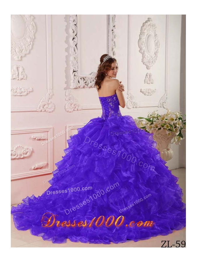 Organza Ruffles and Embroidery for Purple Quinceanera Dresses with Brush Train