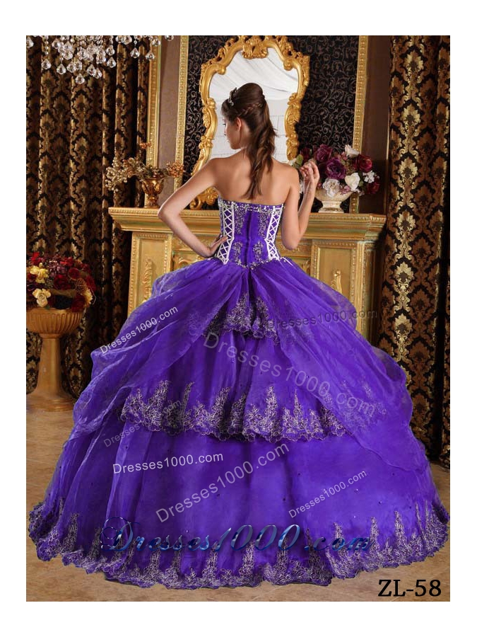 Princess Sweetheart Organza Purple Sweet 16 Dresses with Appliques