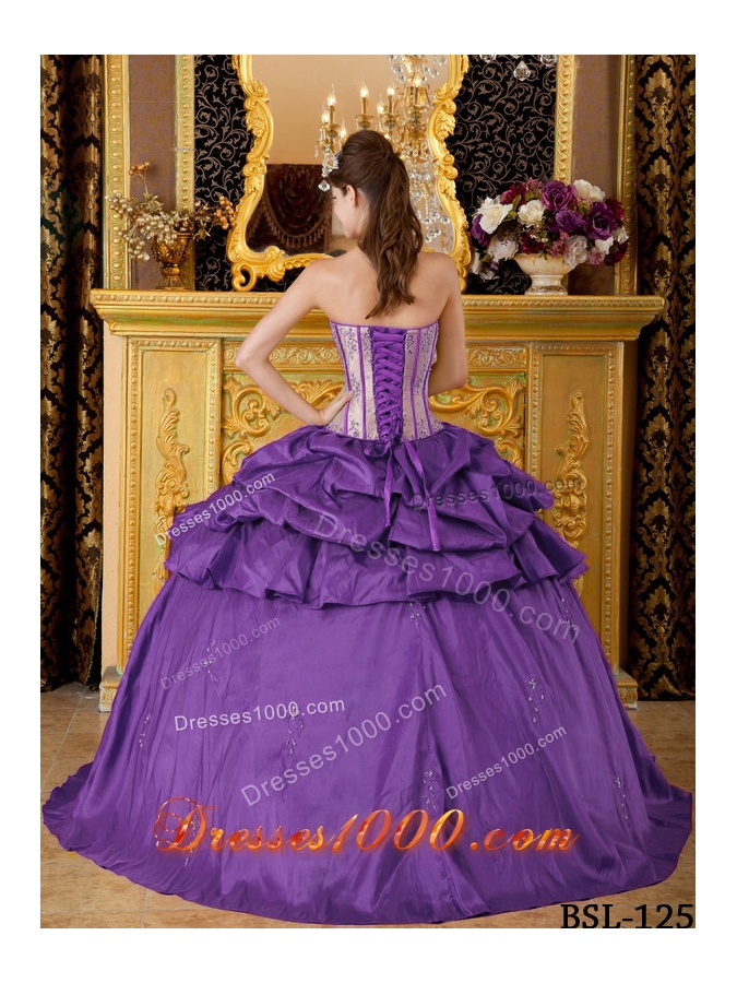 Purple Ball Gown Strapless Appliques Dresses For a Quince with Pick-ups