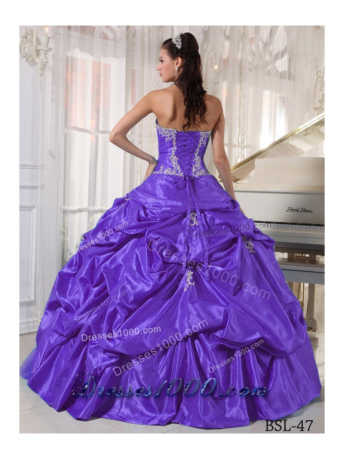 Purple Ball Gown Strapless Sweet 16 Dresses with Appliques and Pick-ups