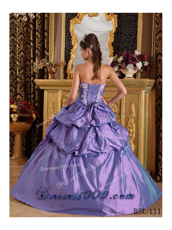 Purple Princess Strapless Quinceneara Dresses with Appliques and Flowers