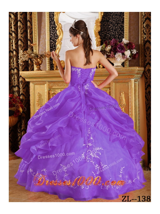 Purple Strapless Embroidery Organza Sweet Sixteen Dresses with Pick-ups