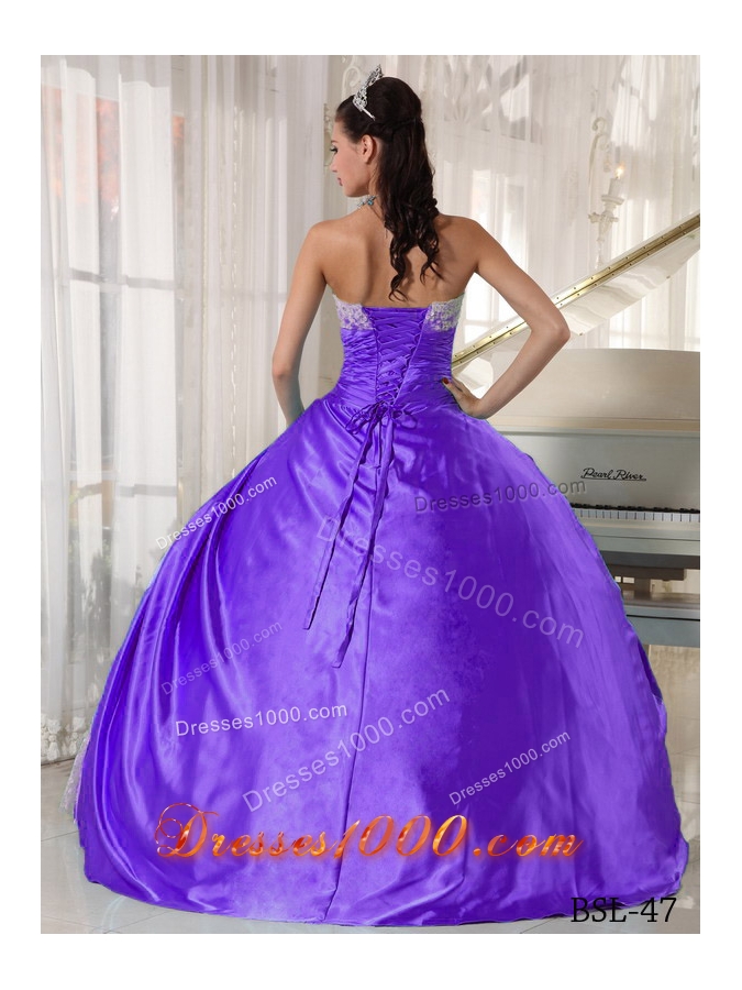 Purple Strapless Lace Discount Quinceanera Gowns with Flowers