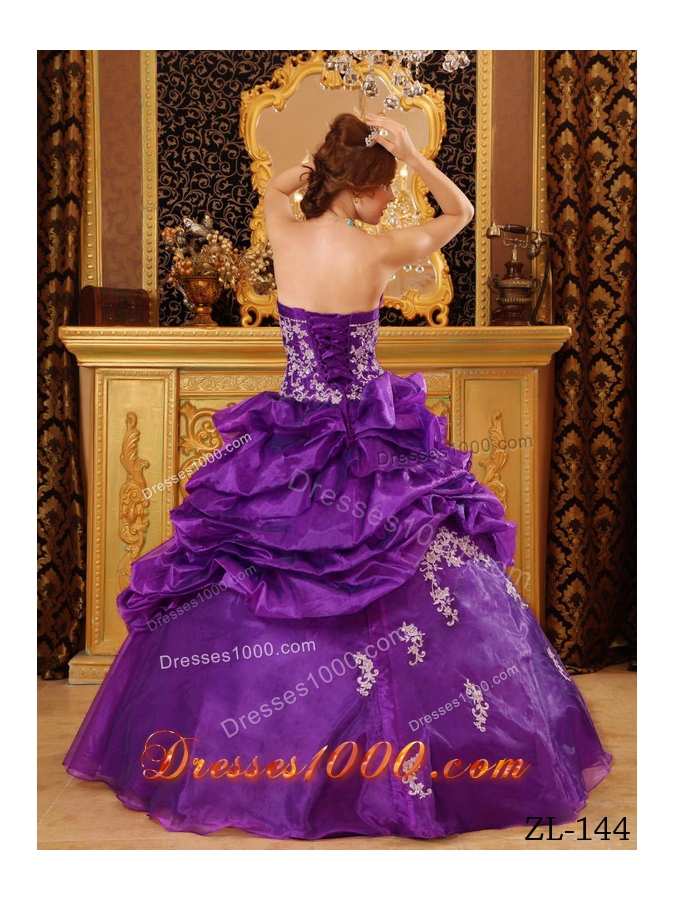 Purple Strapless Organza Quinceneara Dresses with Appliques and Pick-ups