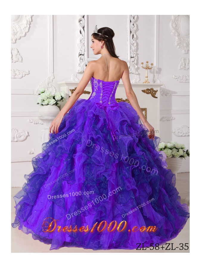 Purple Sweetheart Organza Embroidery Sweet 16 Dresses with Embroidery