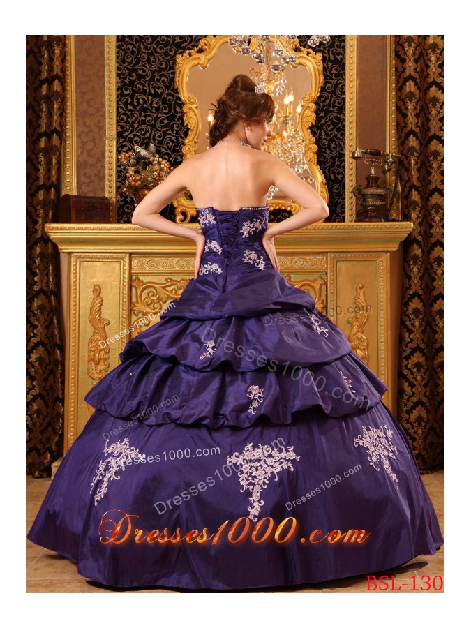 Purple Sweetheart Taffeta Beading and Appliques Quinceanera Dress with Pick-ups