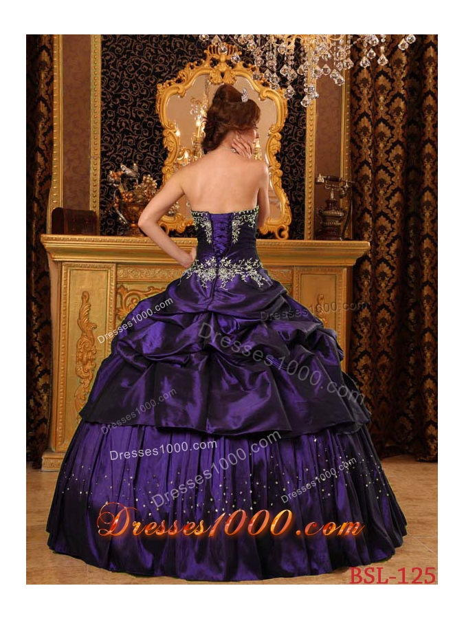 Remarkable Strapless Taffeta Purple Quinceaneras Dresses with Appliques and Pick-ups