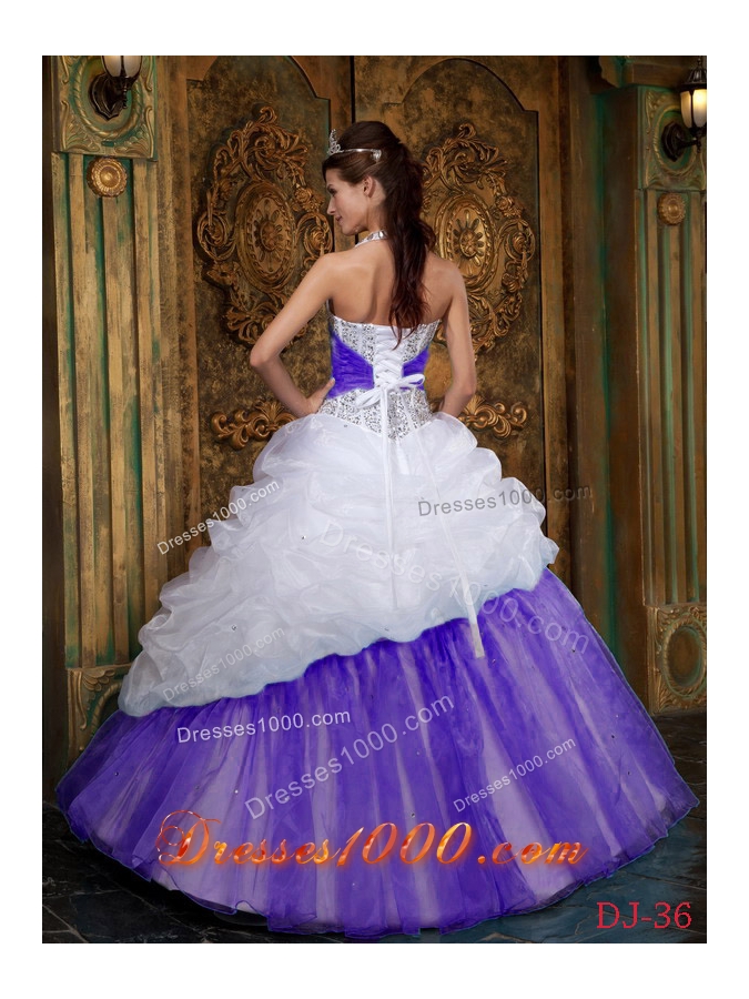 White and Purple Princess Halter Quinceanera Gowns with Beading and Pick-ups
