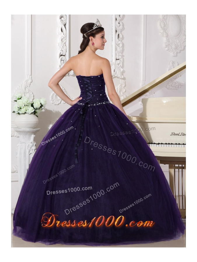 Ball Gown Dark Purple Sweetheart Tulle Rhinestone Quinceanera Dress