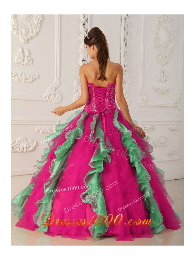 Coral Red and Green Ball Gown Strapless Quinceanera Dress with Appliques Beading