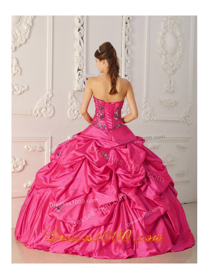 Coral Red Ball Gown Strapless Quinceanera Dress with Taffeta Appliques