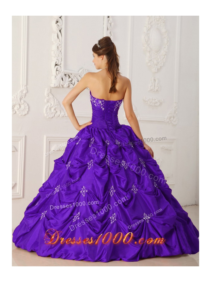Eggplant Purple Ball Gown Strapless Appliques and Pick-ups Quincenera Dresses