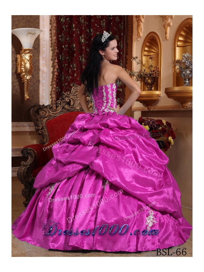 Fuchsia Ball Gown Strapless Quinceanera Dress with Taffeta Appliques