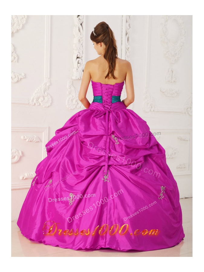 Fuchsia Ball Gown Strapless Quinceanera Dress with Taffeta Beading