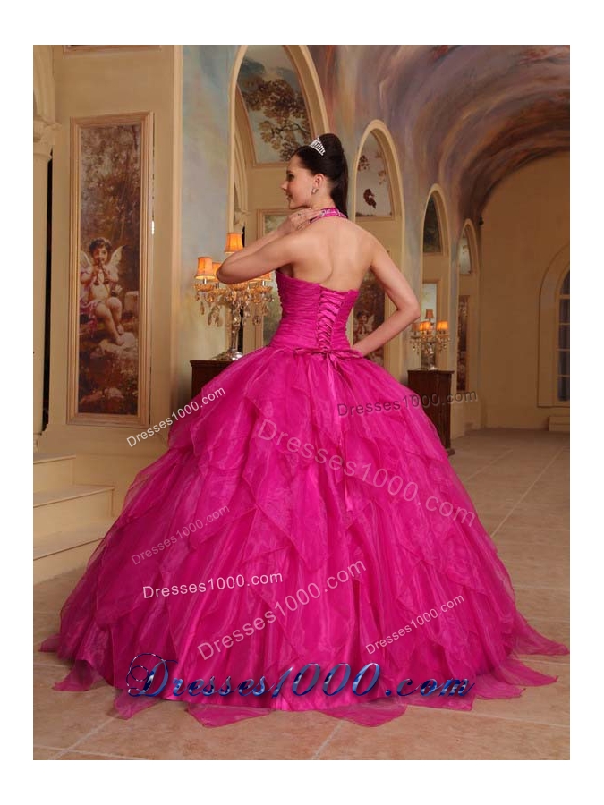 Hot Pink Ball Gown Halter Quinceanera Dress with Organza Embroidery