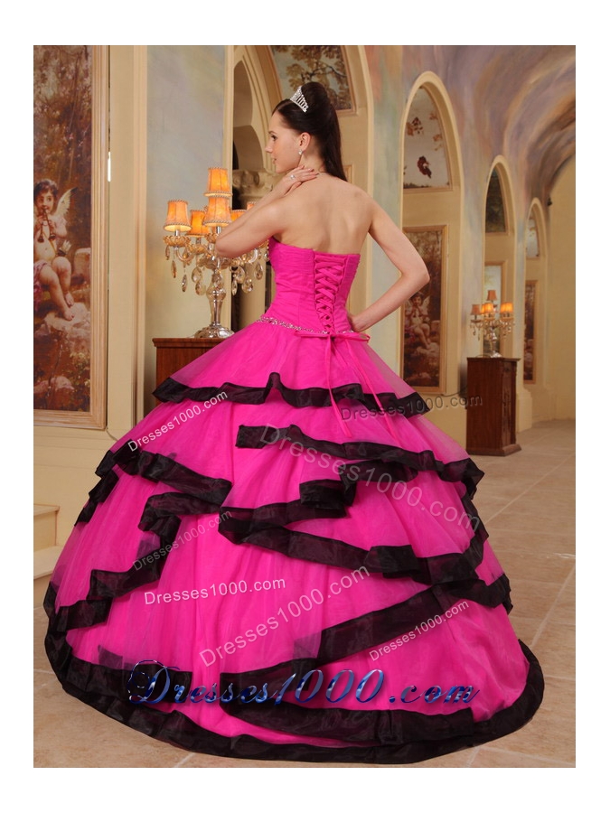 Hot Pink Ball Gown Strapless Quinceanera Dress with Organza Appliques