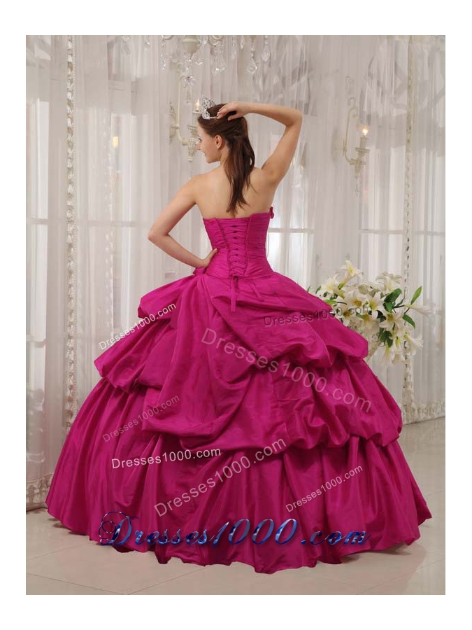 Hot Pink Ball Gown Strapless Quinceanera Dress with Taffeta Beading