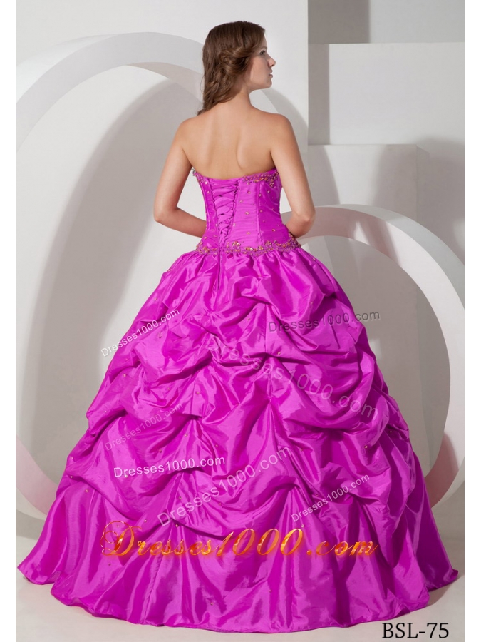Hot Pink Ball Gown Strapless Quinceanera Dress with Taffeta Pick-ups