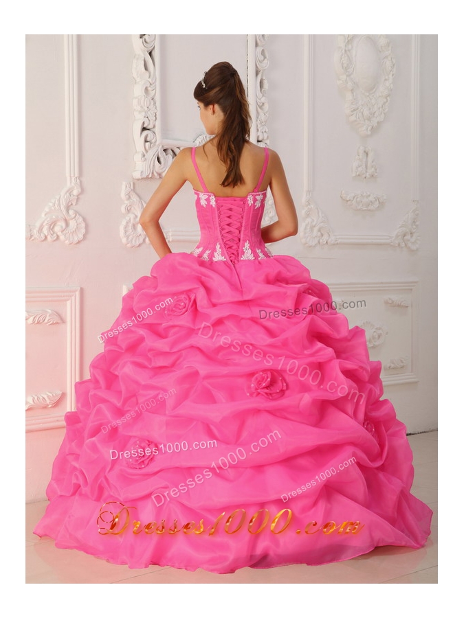 Hot Pink Ball Gown Straps Quinceanera Dress with Organza Appliques