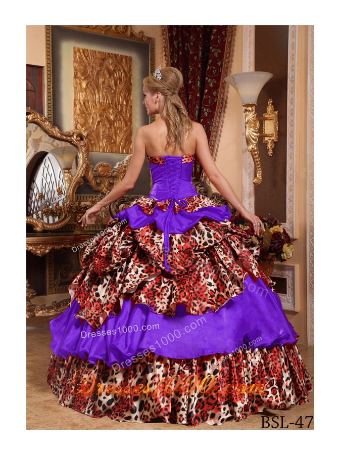 Multi-color Strapless Taffeta and Leopard Pick-ups Dresses For a Quinceanera