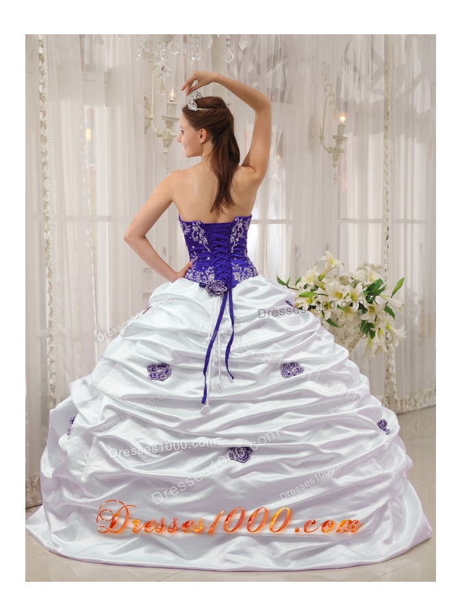 Purple and White Sweetheart Embroidery Quinceanera Dress with Pick-ups