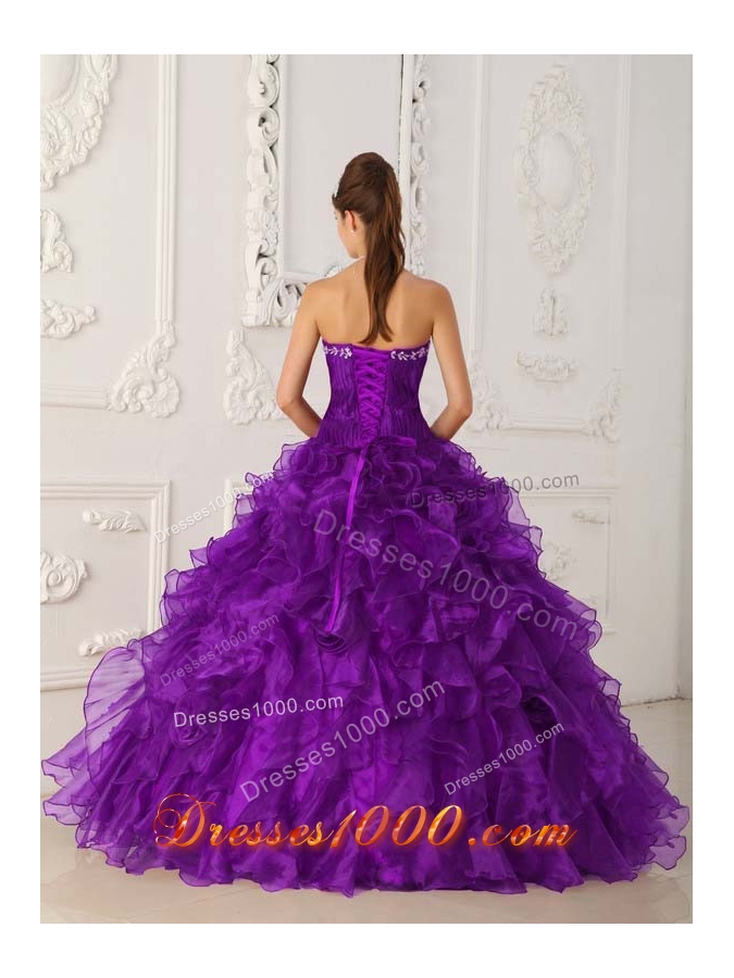 Purple Ball Gown Strapless Embroidery Ruffles Latest Quinceanera Dress