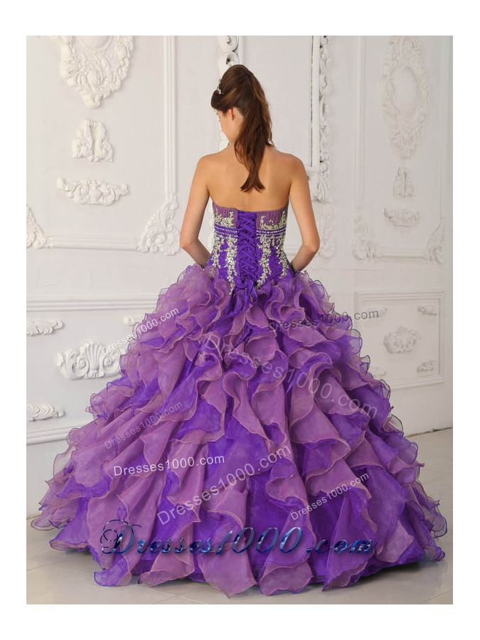 Purple Ball Gown Strapless Ruffles and Appliques Quinceanera Dress