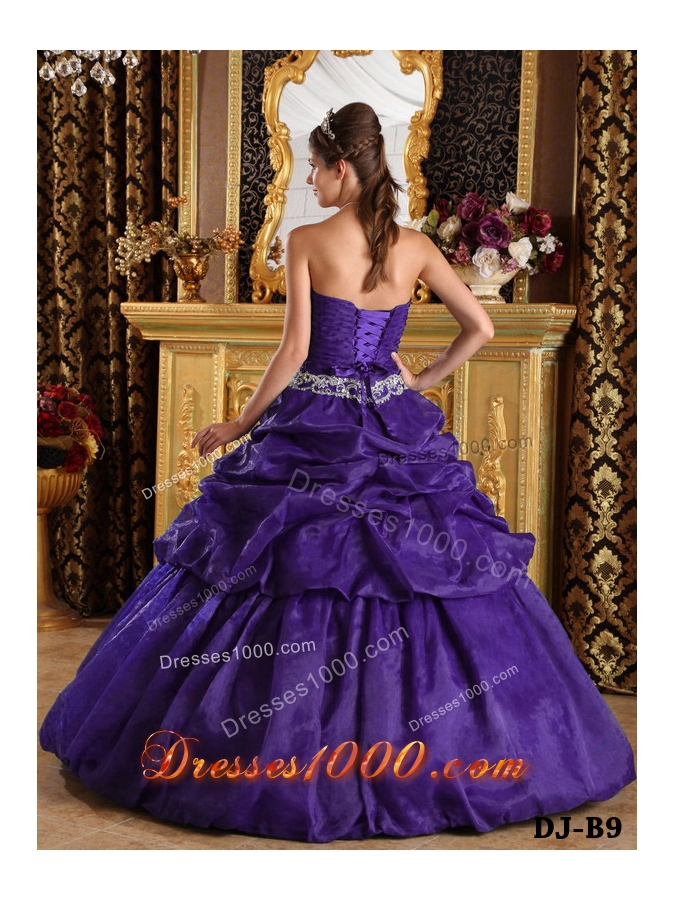 Purple Princess Strapless Quinceanera Gowns with Appliques and Pick-ups