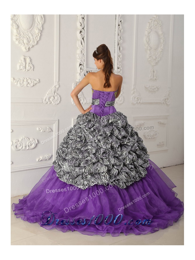 Purple Strapless Chapel Train Zebra Sweet 16 Dresses with Appliques and Pick-ups