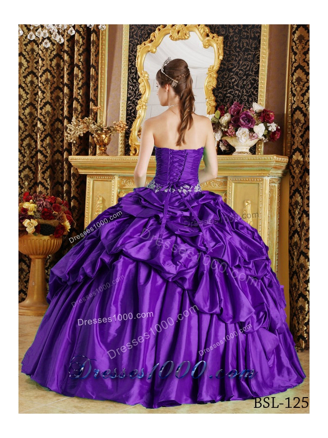 Purple Strapless Discount Quinceanera Gowns with Beading and Pick-ups