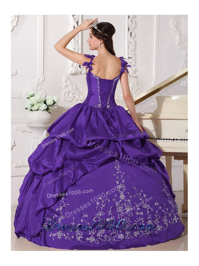 Purple Straps Embroidery Quinceanera Dress with Pick-ups