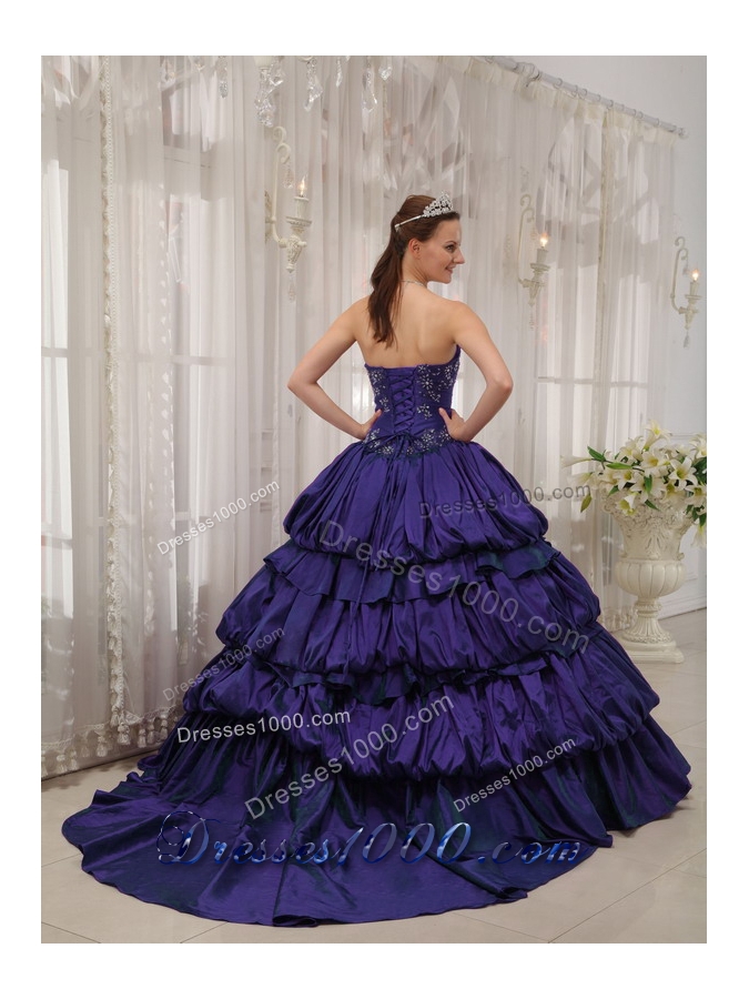 Purple Sweetheart Court Train Quinceanera Gowns with Appliques and Pick-ups