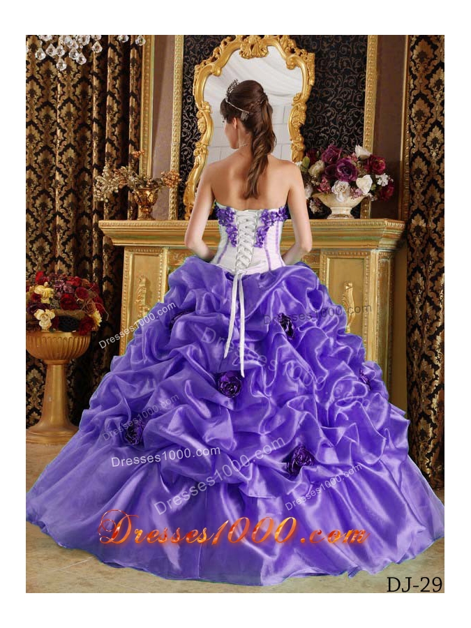 Purple Sweetheart Hand Made Flowers and Pick-ups Quinceanera Dress with Appliques