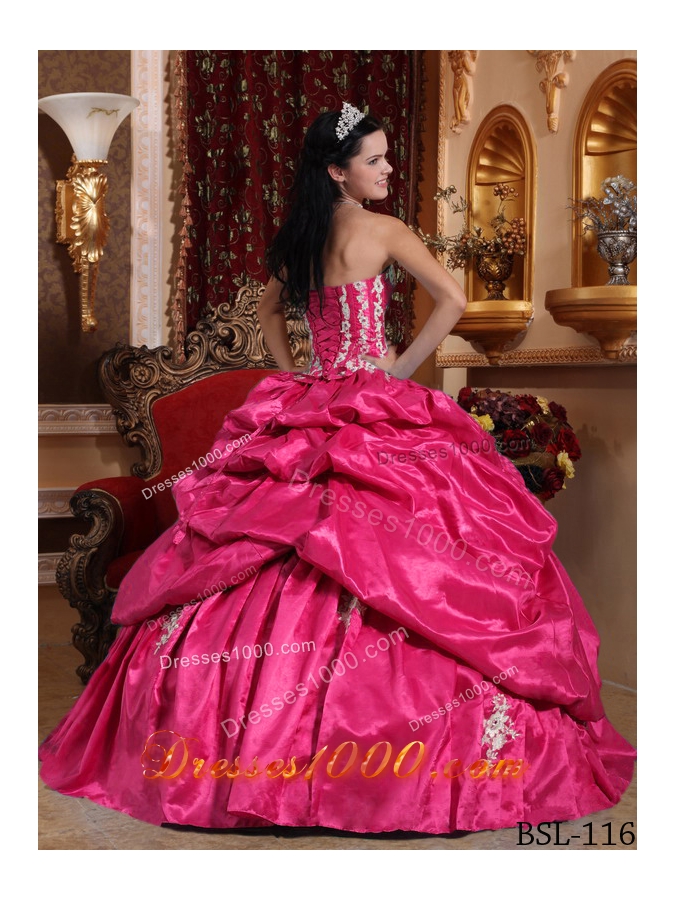 2014 Appliques Hot Pink Ball Gown Strapless Quinceanera Dress