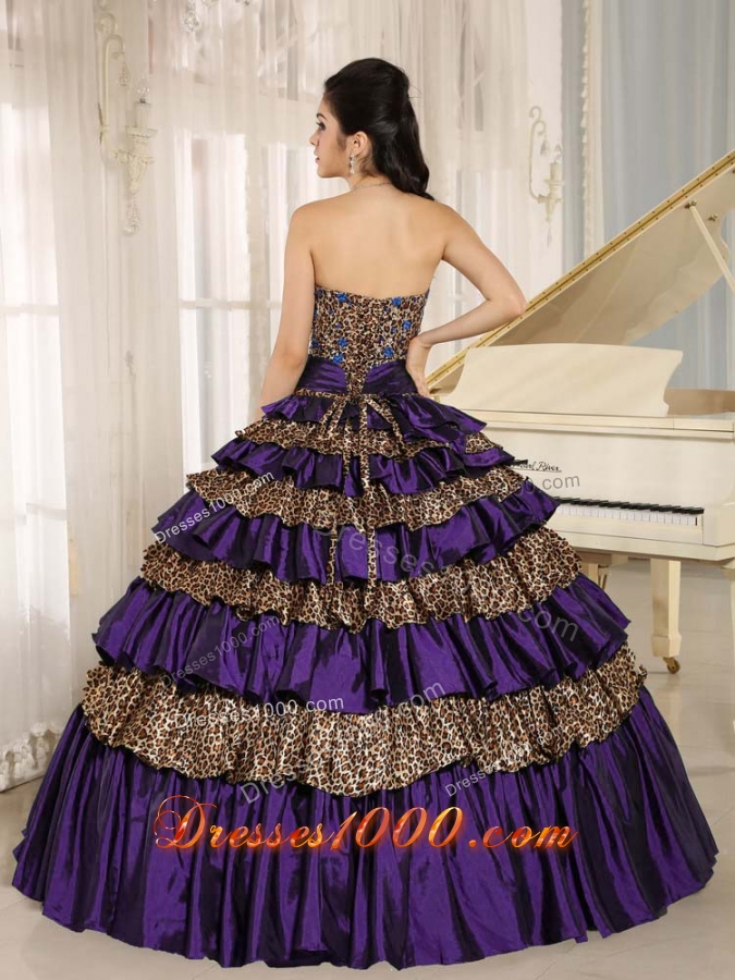 2014 Dark Purple Leopard Ruffled Layers and Appliques With Beading Dresses For a Quince For Custom Made