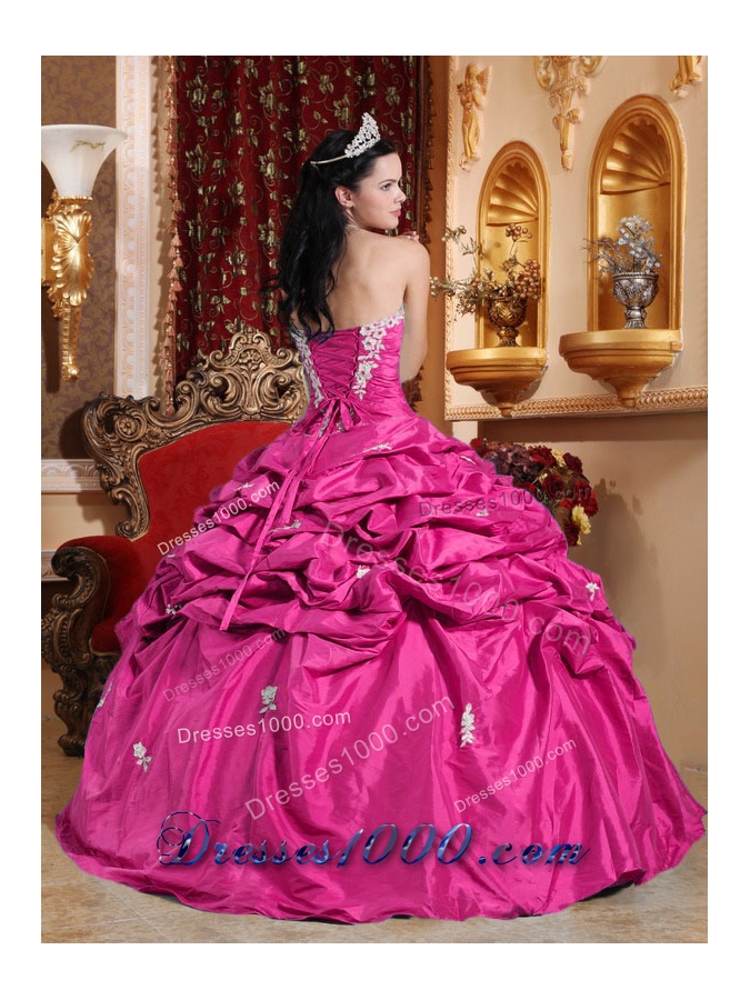 2014 Hot Pink Ball Gown Strapless Quinceanera Dress with Taffeta Appliques