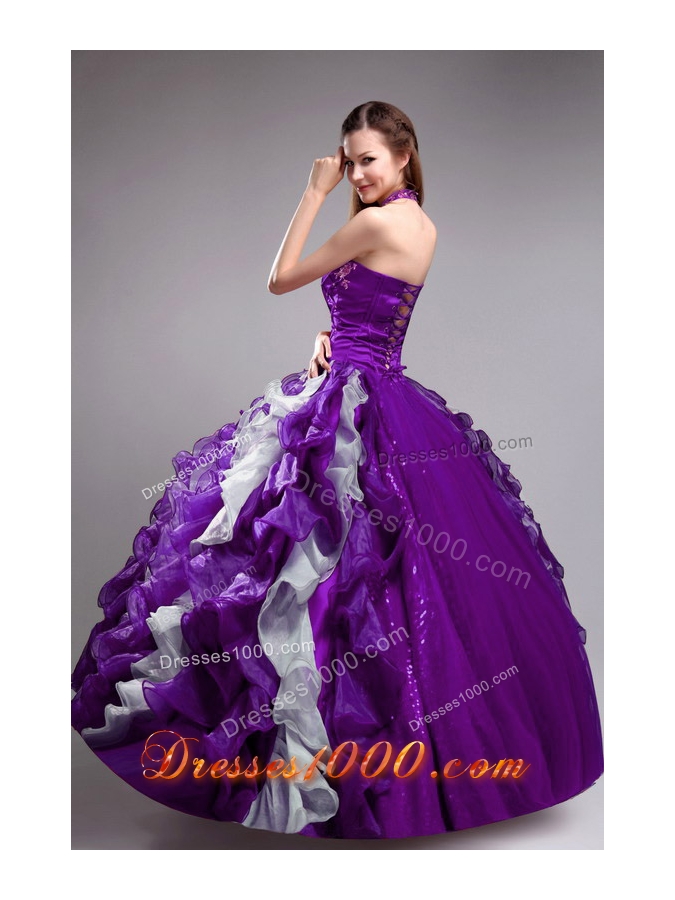 Beautiful Purple Ball Gown Halter Applqiues and Ruffles Quinceanera Dress