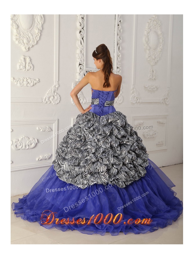 Classical Blue Strapless Court Train Zebra and Organza Quinceanera Dress