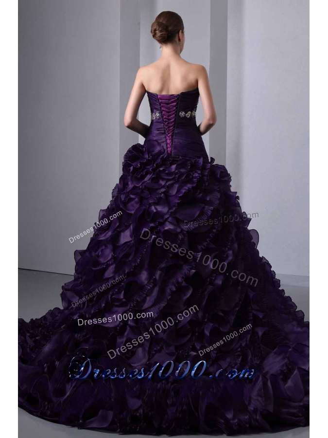 Dark Purple A-line Strapless Brush Train Beading and Ruching Quinceanea Dress