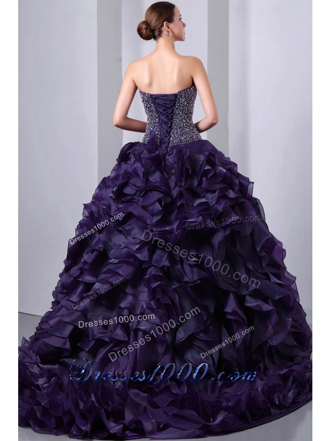 Dark Purple Princess Sweetheart Beading and Ruffles Quinceanea Dress