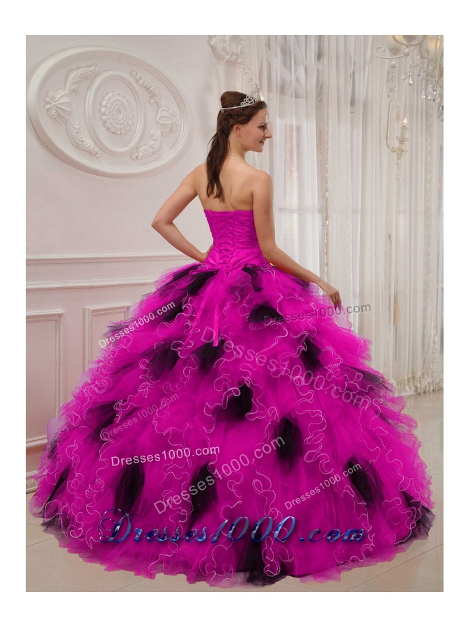 Hot Pink and Black Ball Gown Sweetheart Quinceanera Dress with Beading Ruching