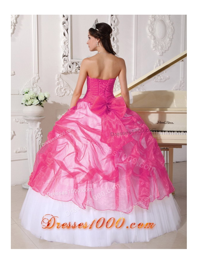 Hot Pink and White Ball Gown Strapless Long Appliques Quinceanera Dress