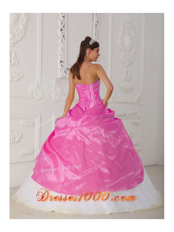 Hot Pink and White Ball Gown Strapless Quinceanera Dress with Taffeta Appliques Hand Flower