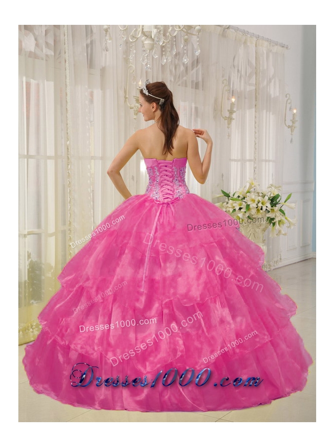 Hot Pink Ball Gown Strapless Quinceanera Dress with Taffeta Organza Beading