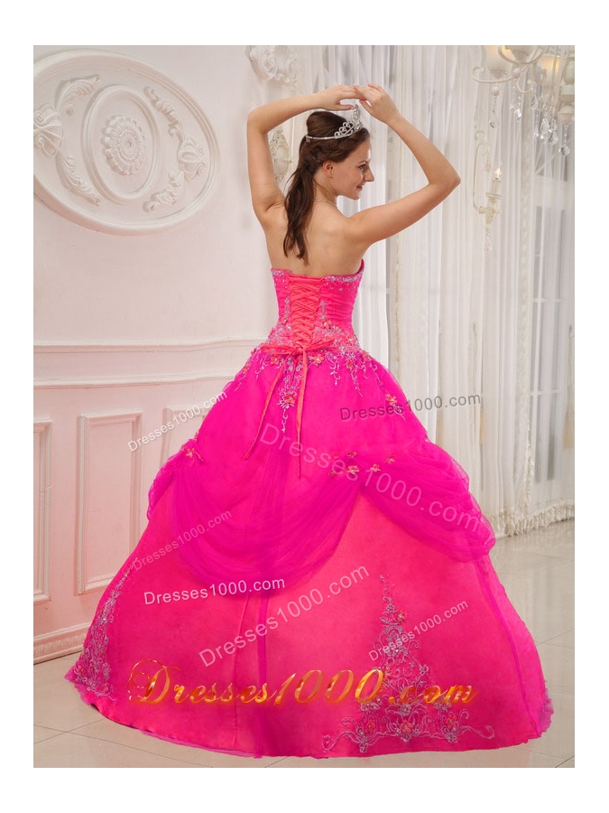 Hot Pink Ball Gown Strapless Quinceanera Dress with Taffeta Tulle Appliques